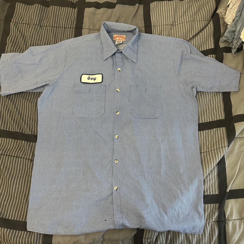 Red Kap Shirt Mens Large Blue Short Sleeve Button-Up Workwear Embroidered Gary